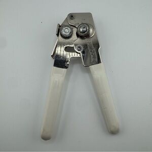 Vintage Swing-A-Way Stainless Steel Can Opener with White Handles